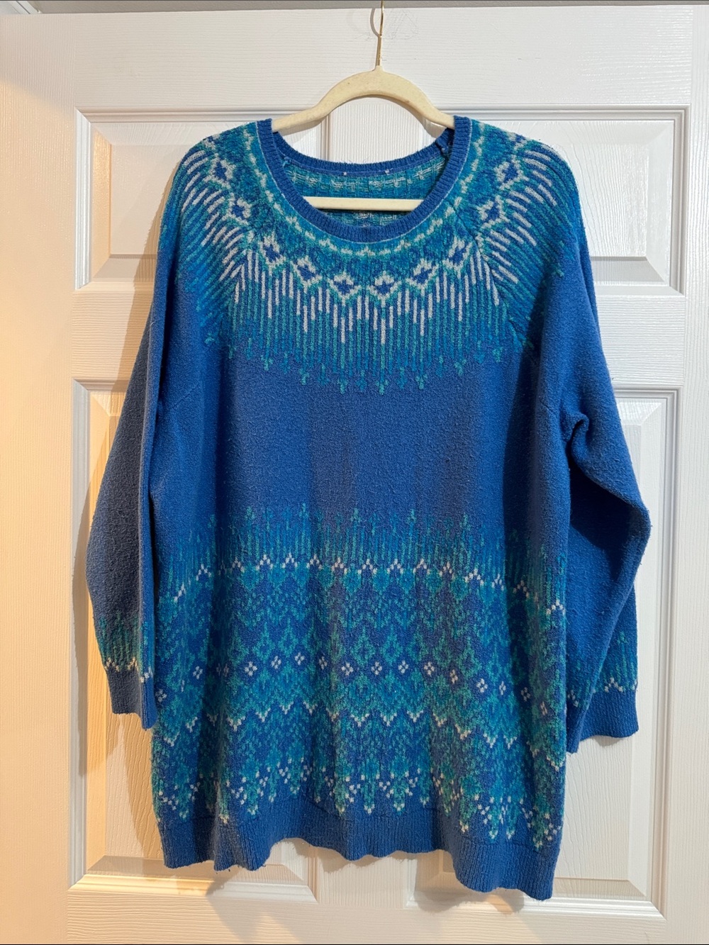 Coldwater Creek Blue Patterned Scoop Neck Sweater